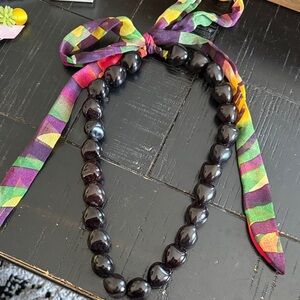 Black Beaded Tie-Neck Necklace with Multicolor Silk Ribbon